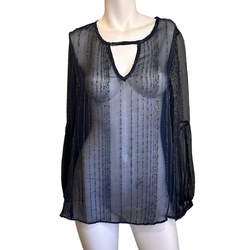Love Sam Blue Gold Metallic Striped Sheer Blouse sz M